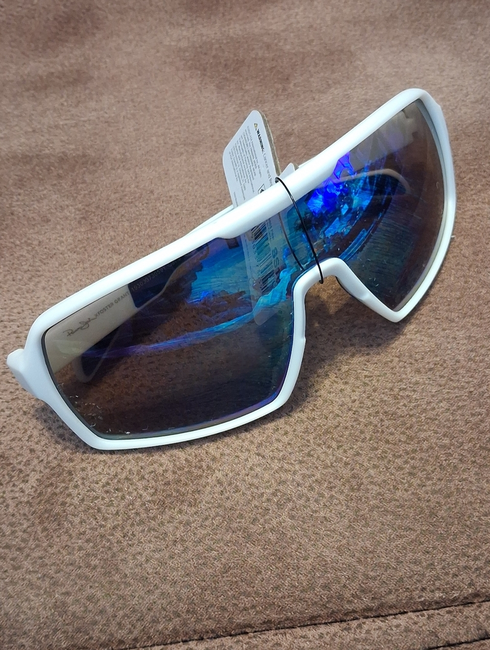 Panama Jack X Foster Grant White Sport Wrap Sunglasses with Blue Mirrored Lenses
